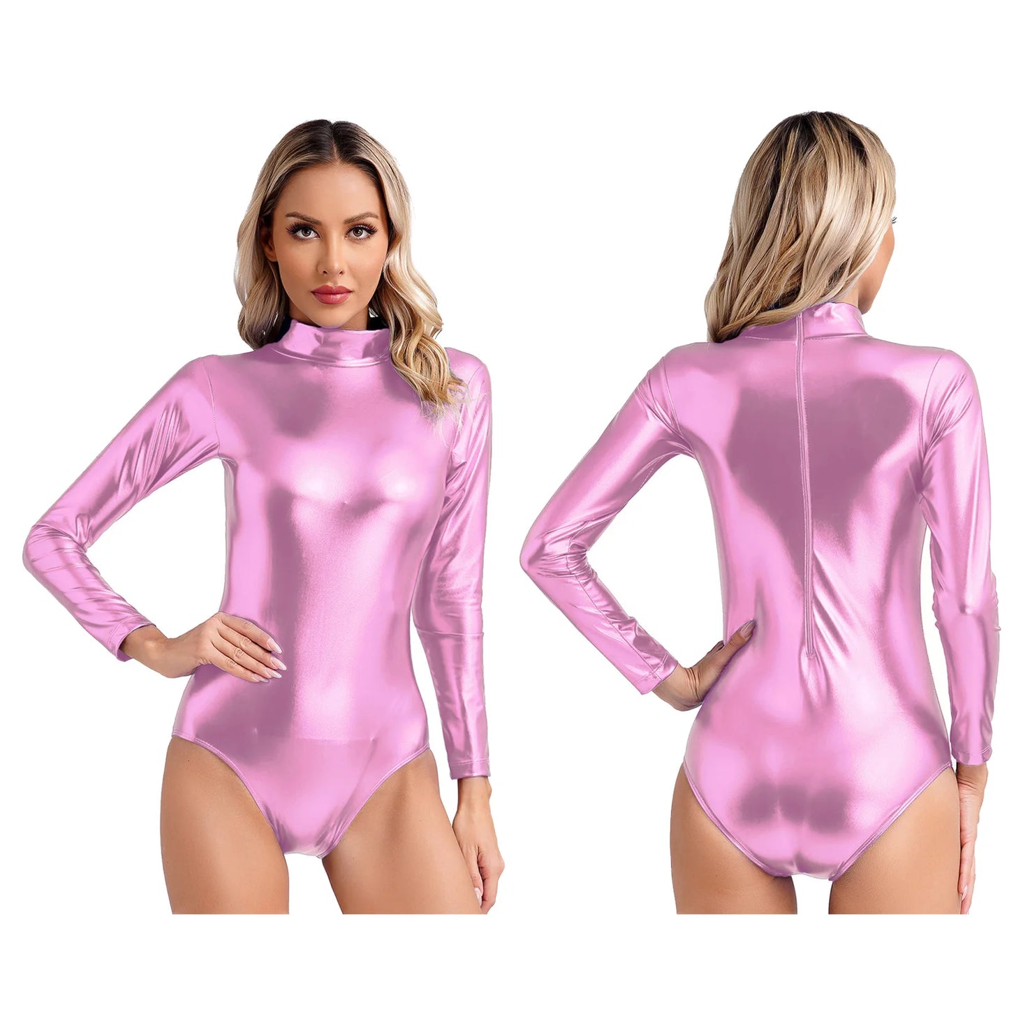 Womens Metallic Shiny Athletic Ballet Leotard Bodysuit Long Sleeve Bodycon Jumpsuit Yoga Fitness One-Piece Ballet Dancewear