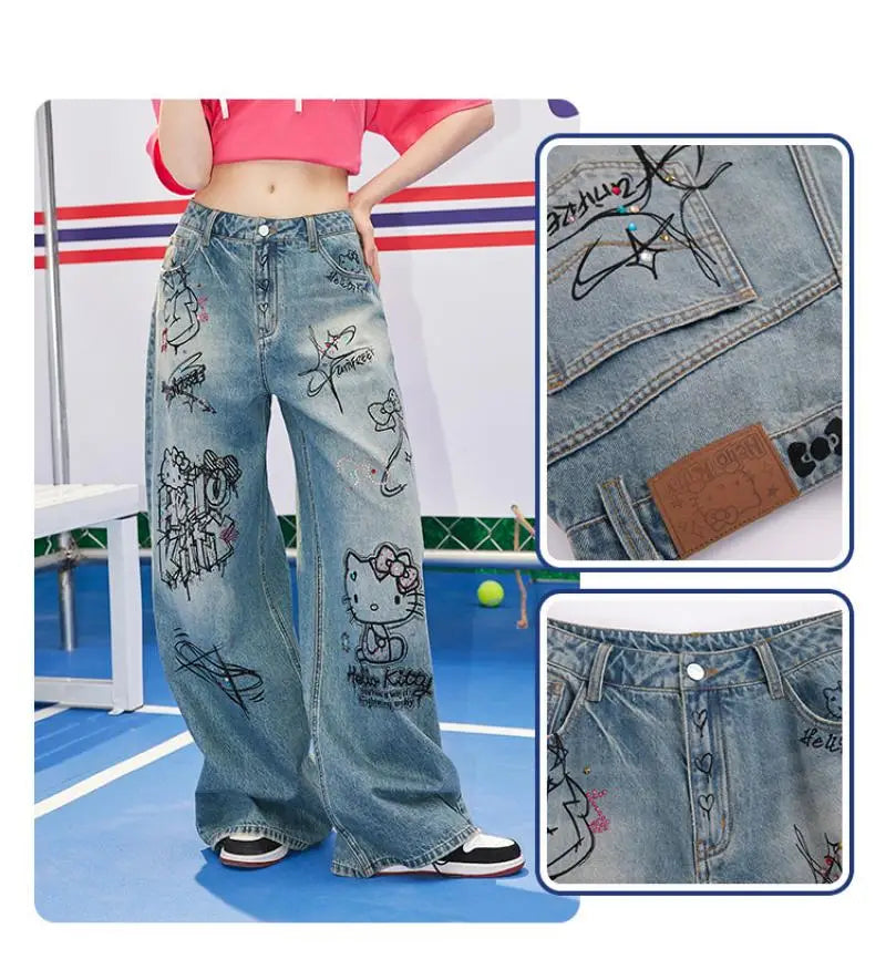 Streetwear Hello Kitty Wide Leg Pants Y2K Sanrio Jeans Women Vintage Blue Casual Loose Straight Trousers Cartoon Fashion Pants