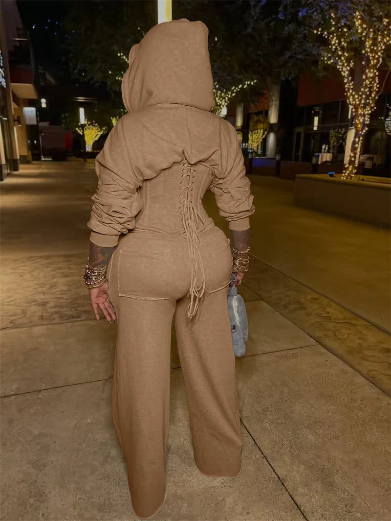 Streetwear Casual Tracksuit Woman 2 Piece Sets Sporty Zipper Hooded Lace-up Bandage Corset Jacket and Sweatpants Matching Set