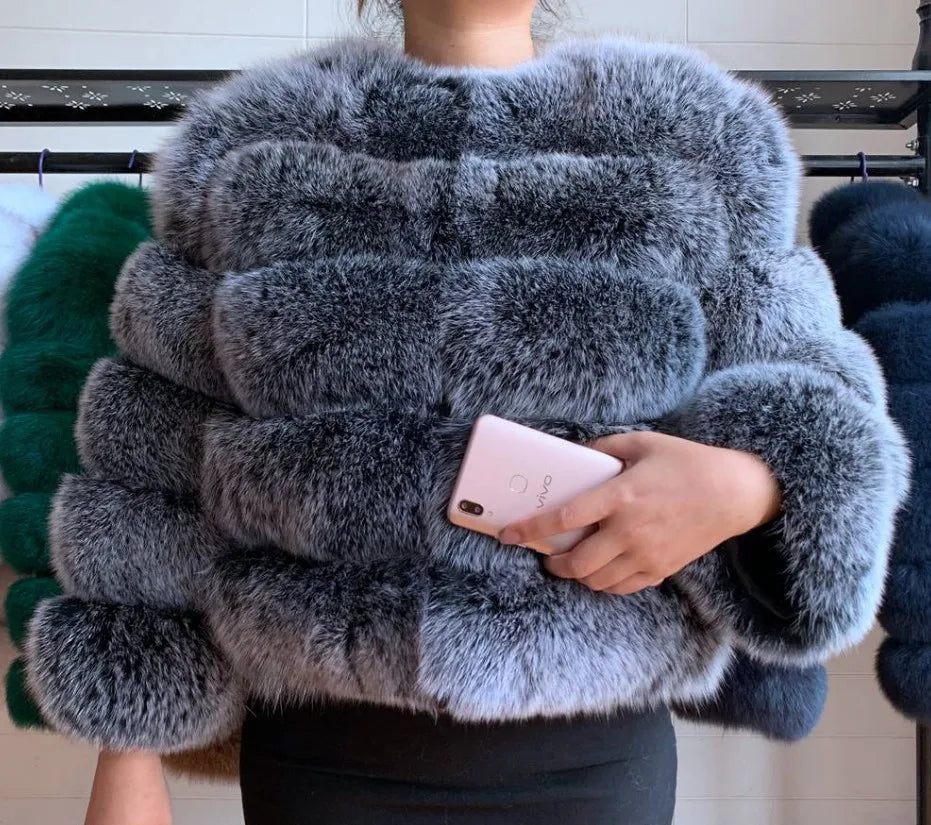 Faux Fur Women Coats Solid Round Neck Full Sleeve Coat Thick Warm Fox Short Open Stitch Elegant Splice Autumn Winter 2024