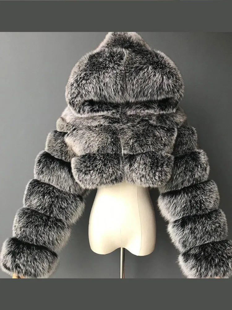 Solid Short Hooded Faux Fur Coat Women Chic Full Sleeve Zipper Cropped Loose Warm Coats Lady Winter Daily Highstreet Outerwears