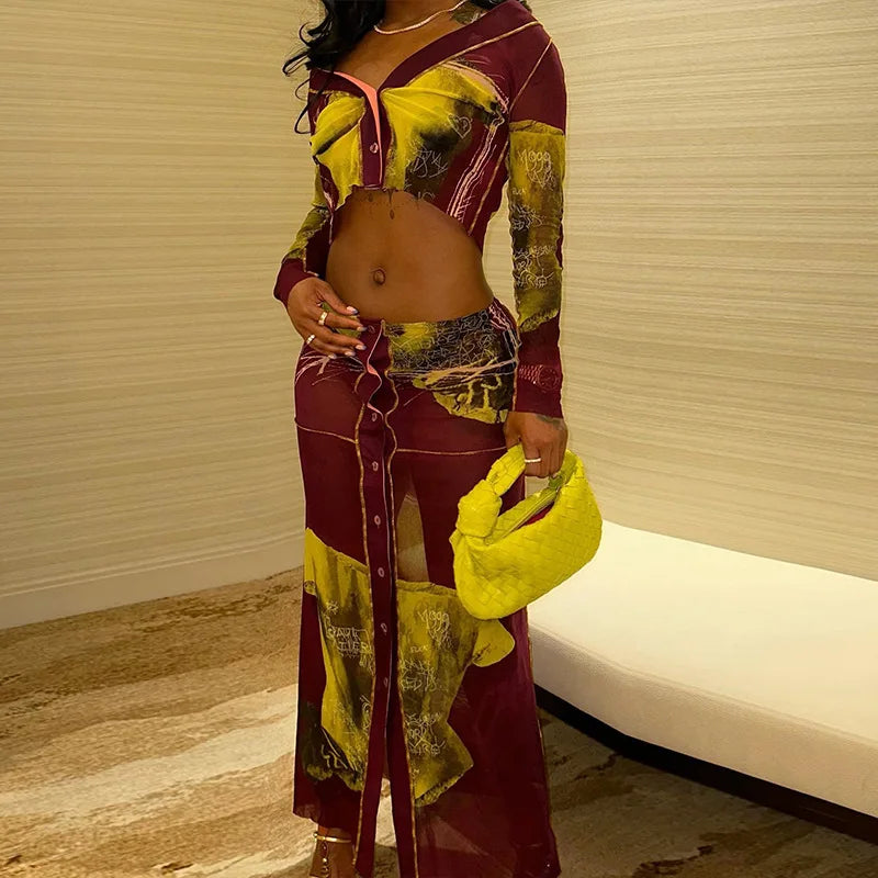 Leosoxs Two Piece Skirt Sets African Outfits Women Long Sleeve Crop Top + Single Breasted Skirts Suit Female Streetwear Clothing