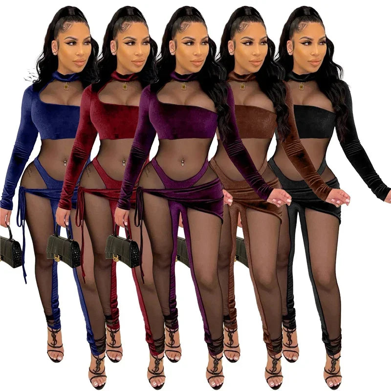 Sexy See-through Mesh Patchwork Velvet Jumpsuit Women Clubwear Long Sleeve Rompers Womens Jumpsuit Bodycon Overalls for Women