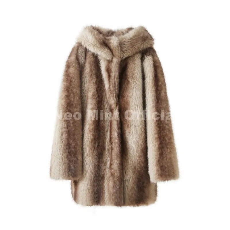 Neo Mint Vintage Luxury Fashion Hooded Faux Fur Coat Women 2025 Winter Slavic Style Girl Striped Fox Fur Jacket Long Overcoat