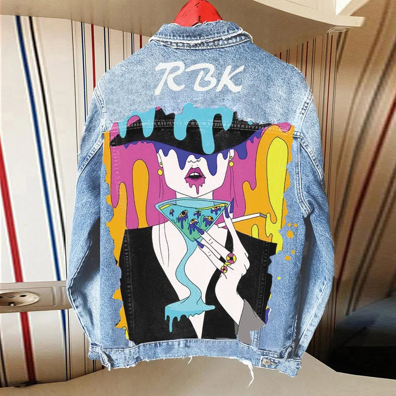 Women's Clothing 2024 Autumn New Hot Street Fashion INS Net Red Personality Sweet Love Girl Print Lapel Denim Jacket