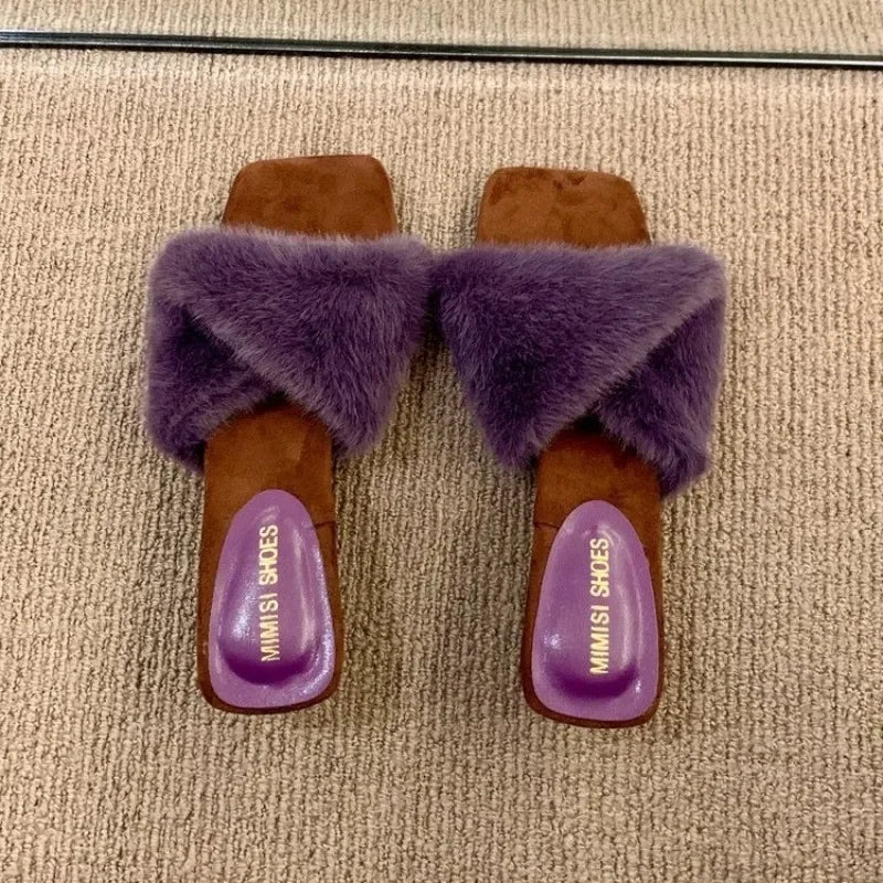 2025 New High Heel Temperament Fuzzy Slippers Autumn and Winter Square Toe Block Heel Women's Cotton Mops