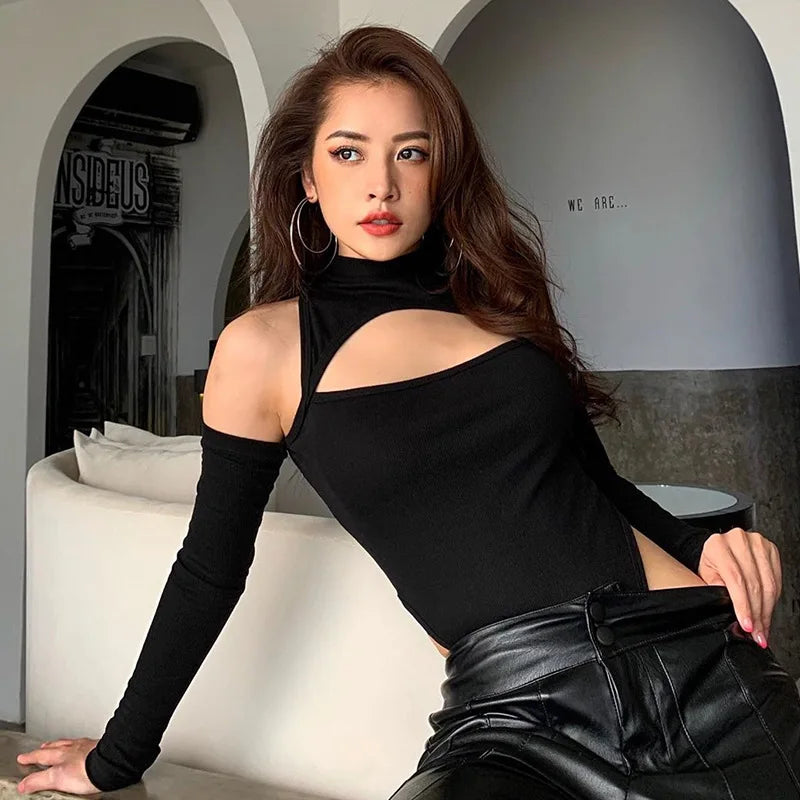 Black Hollow Out Sexy Harajuku Bodysuit Womens Off Shoulder Streetwear Party Club Body Jumpers Romper Ladies Woman Clothes 2023