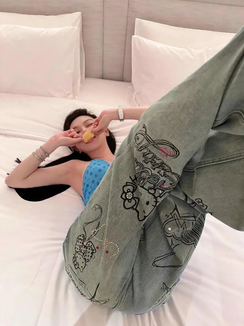 Streetwear Hello Kitty Wide Leg Pants Y2K Sanrio Jeans Women Vintage Blue Casual Loose Straight Trousers Cartoon Fashion Pants