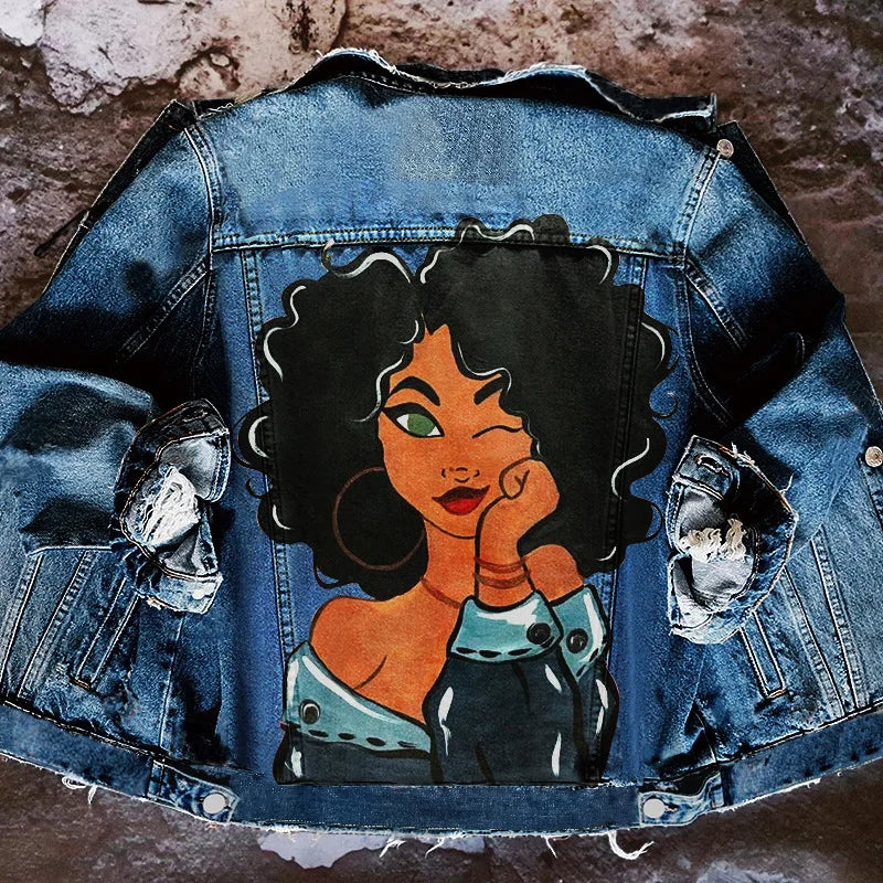 Denim New Jacketstreet Stylewomen's Printing City Girl Wash Water Foreign Trade Denim Jacket Women's 2022 Autumn And Winter New