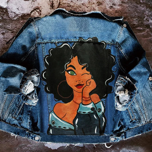 Denim New Jacketstreet Stylewomen's Printing City Girl Wash Water Foreign Trade Denim Jacket Women's 2022 Autumn And Winter New
