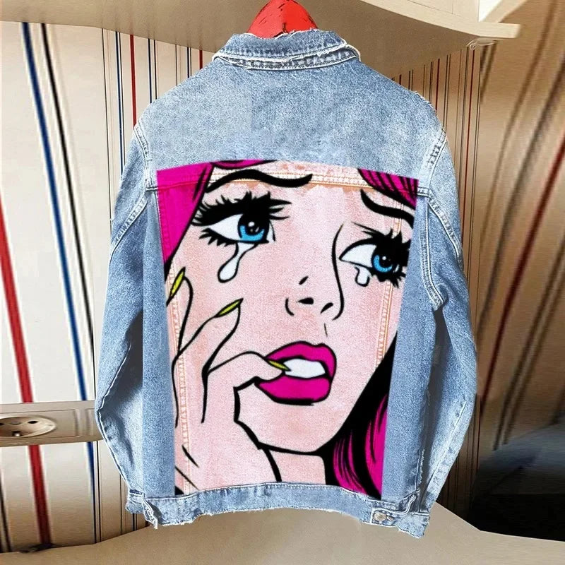 Women's Clothing 2024 Autumn New Hot Street Fashion INS Net Red Personality Sweet Love Girl Print Lapel Denim Jacket