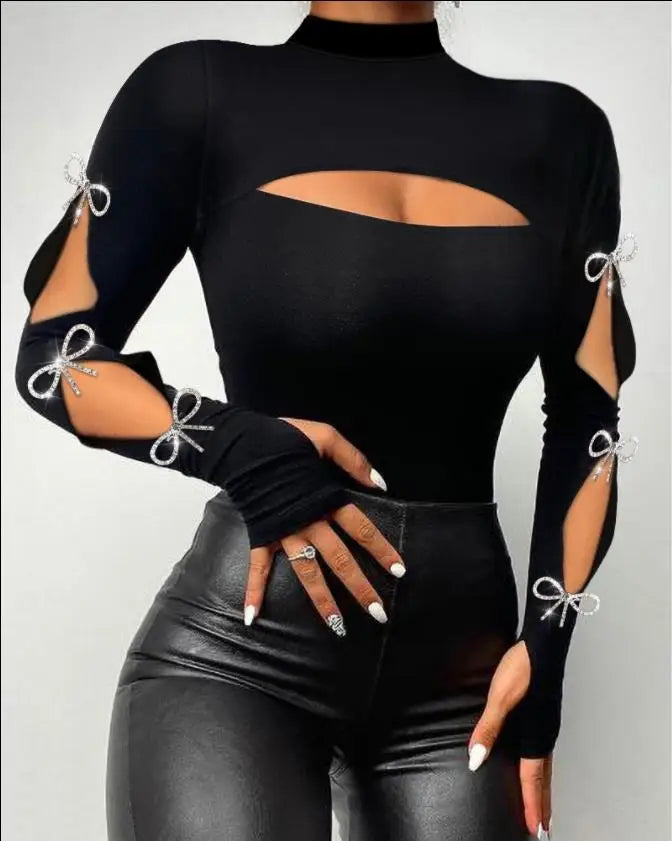 Bodysuit for Women 2022 Beaded Cold Shoulder Long Sleeve Bodysuit 2022 Autumn Europe and America Fashion Women's Clothing