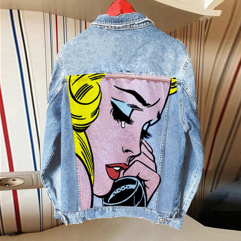 Women's Clothing 2024 Autumn New Hot Street Fashion INS Net Red Personality Sweet Love Girl Print Lapel Denim Jacket