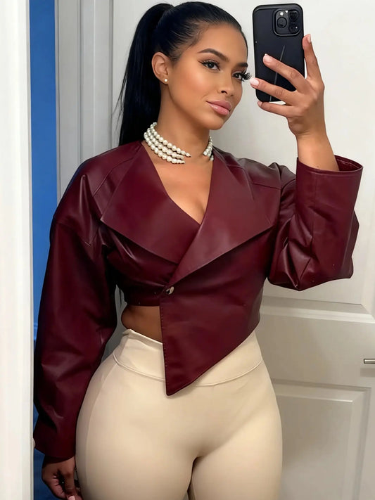 Sisterlinda Faux Leather Single Button Crop Jacket Women Autumn Trend Cross Neck Full Sleeve Wild Style Classic Streetwear Coat