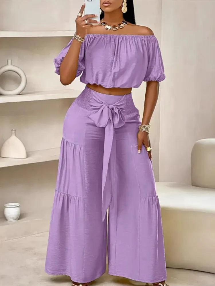 Fashion Puff Sleeve Short Top Sets Ladyelegant O Neck Tops+High Waist Lace-up Wide Leg Pants 2 Pieces Set For Woman Holiday New
