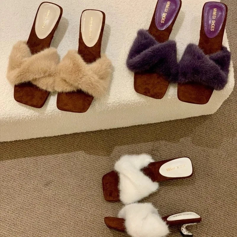 2025 New High Heel Temperament Fuzzy Slippers Autumn and Winter Square Toe Block Heel Women's Cotton Mops