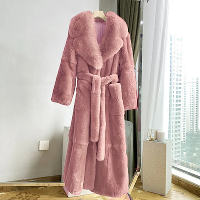New Faux Fur Coat Women's Mid-Length Coat Fashion Loose Belly Covered Tide Sashes Winter Warm Outwear Solid Color
