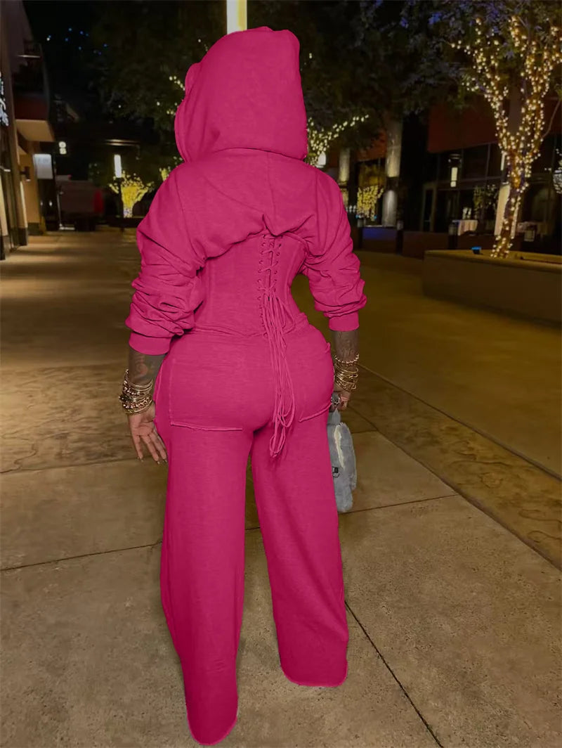 Streetwear Casual Tracksuit Woman 2 Piece Sets Sporty Zipper Hooded Lace-up Bandage Corset Jacket and Sweatpants Matching Set