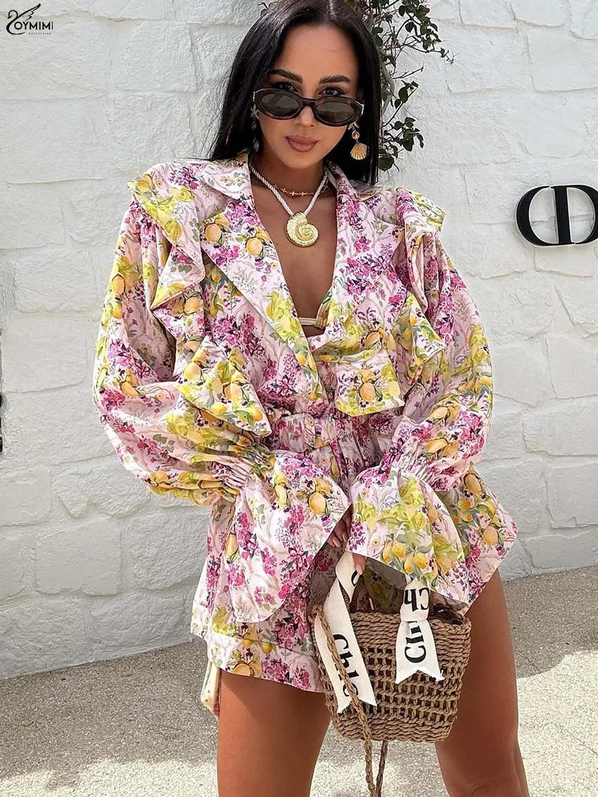 Oymimi Elegant Pink Print 2 Pieces Set For Woman Fashion Lapel Long Sleeve Ruffled Button Shirts And High Waisted Shorts Sets