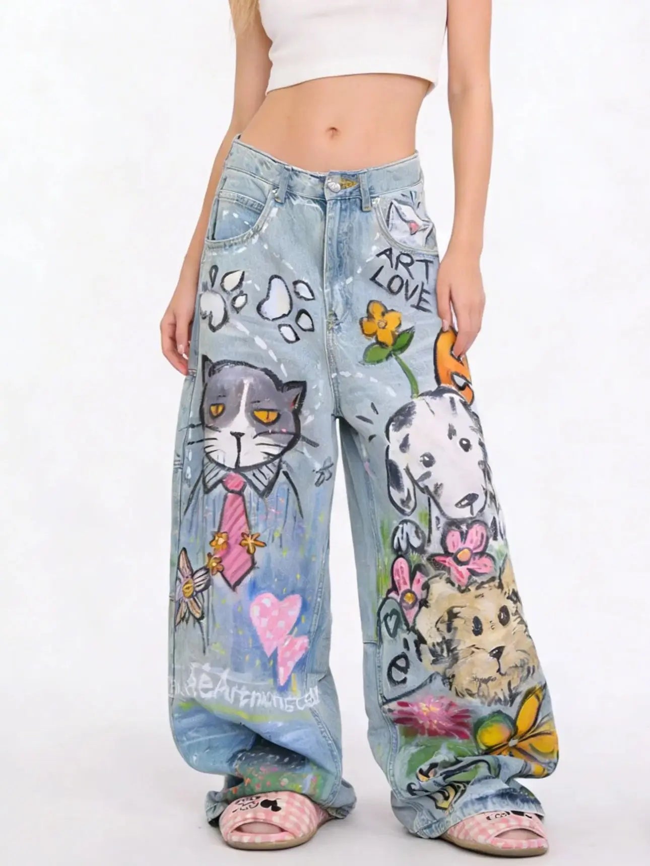 Women's Blue Cartoon Denim Y2K Harajuku Streetwear Cute Aesthetic Vintage Wide Leg Jeans Fashionable Retro Style Clothing 2025