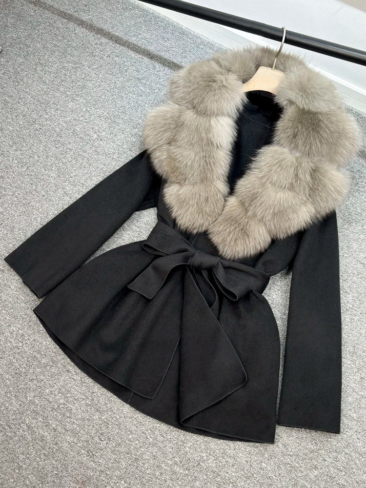 Janveny Wool Coat Women 2025 New Winter Autumn Cashmere Coats Luxury Real Fox Fur Collar Ladies Elegant Belt Design Outwear