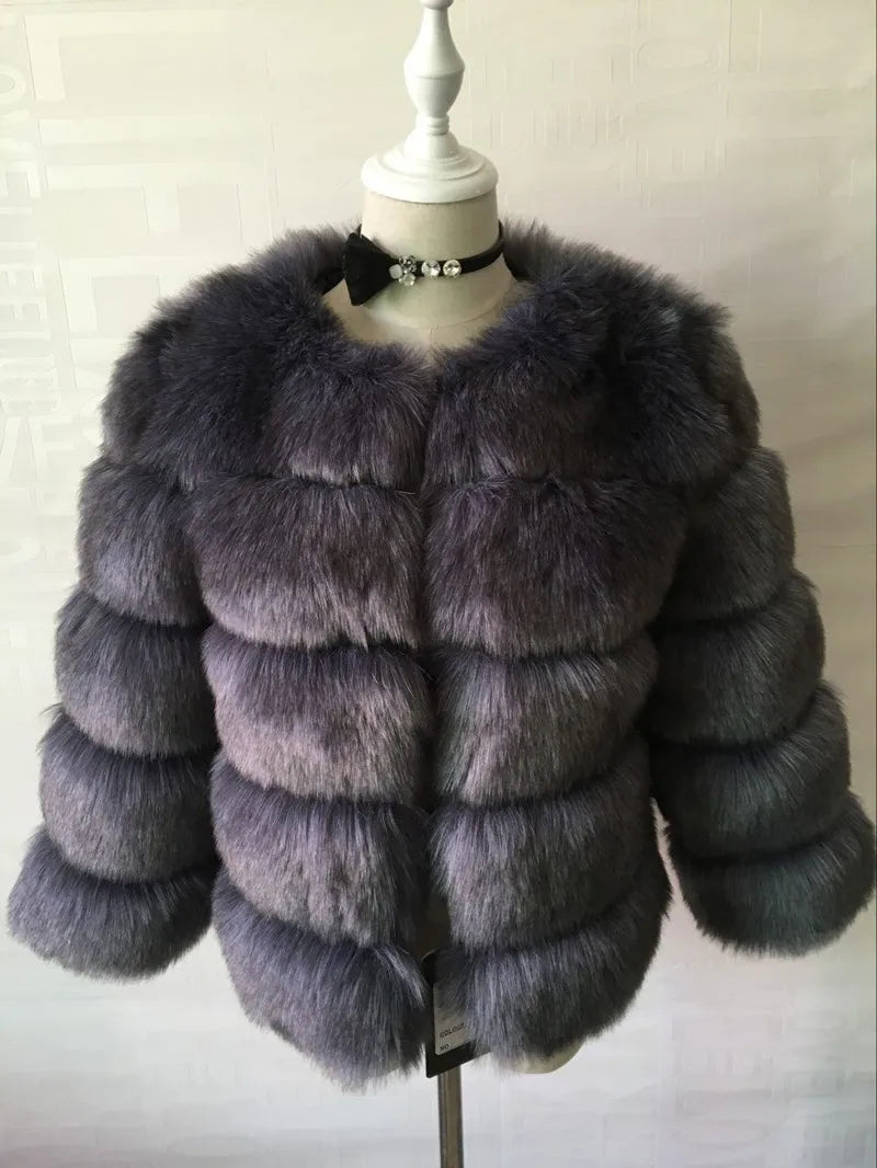 Faux Fur Women Coats Solid Round Neck Full Sleeve Coat Thick Warm Fox Short Open Stitch Elegant Splice Autumn Winter 2024