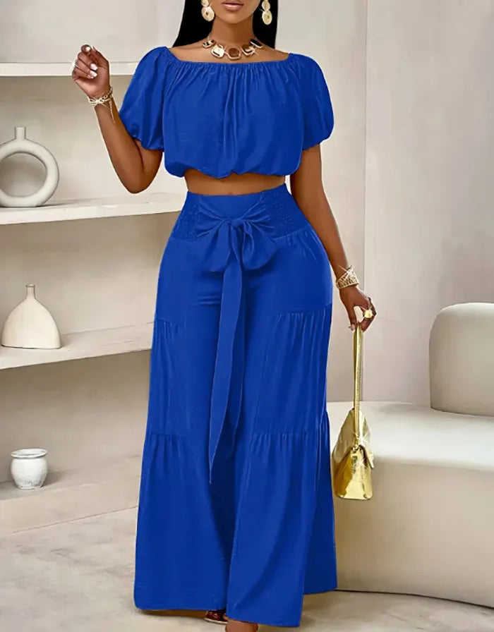 Fashion Puff Sleeve Short Top Sets Ladyelegant O Neck Tops+High Waist Lace-up Wide Leg Pants 2 Pieces Set For Woman Holiday New