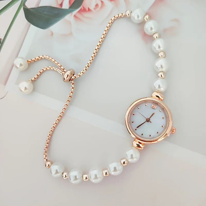 1pc Elegant Adjustable Pull-Out Alloy Strap with Imitation Pearl ,Comfortable Round Alloy Case Quartz Wrist Watch for Women