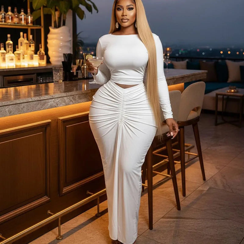 Doyerl Elegant Bodycon Maxi Dress Sets Woman 2 Piece Club Outfit Party Long Sleeve Top + Long Skirt Matching Set Ensembles Robes