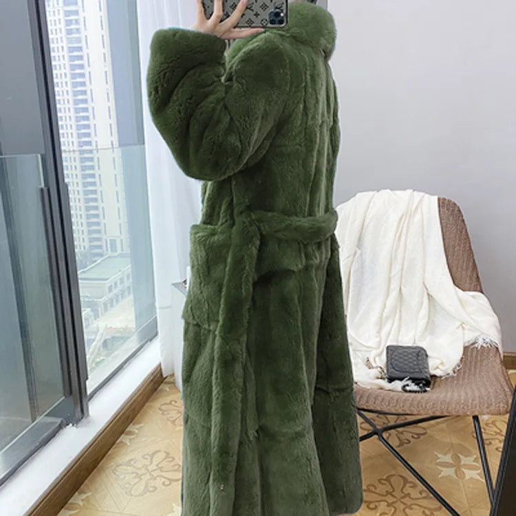 New Faux Fur Coat Women's Mid-Length Coat Fashion Loose Belly Covered Tide Sashes Winter Warm Outwear Solid Color