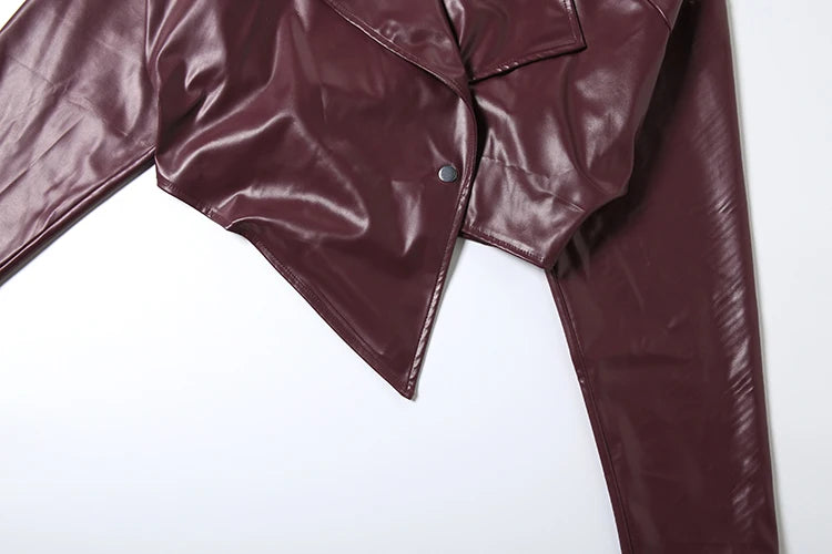 Sisterlinda Faux Leather Single Button Crop Jacket Women Autumn Trend Cross Neck Full Sleeve Wild Style Classic Streetwear Coat