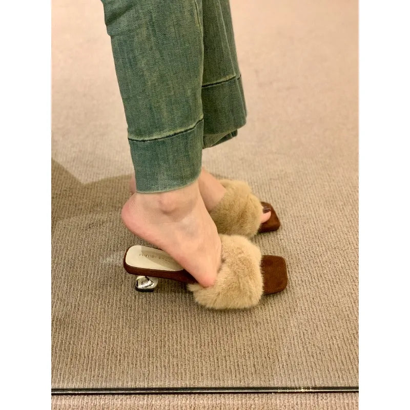 2025 New High Heel Temperament Fuzzy Slippers Autumn and Winter Square Toe Block Heel Women's Cotton Mops