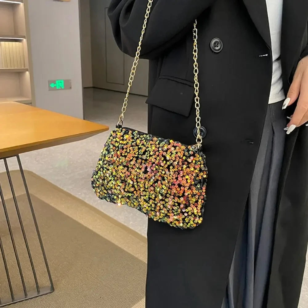 Solid Color Sequins Crossbody Bag Simple INS Chain Sequins Shoulder Bag Pocket Bag Phone Bag Small Square Bag Dinner Party