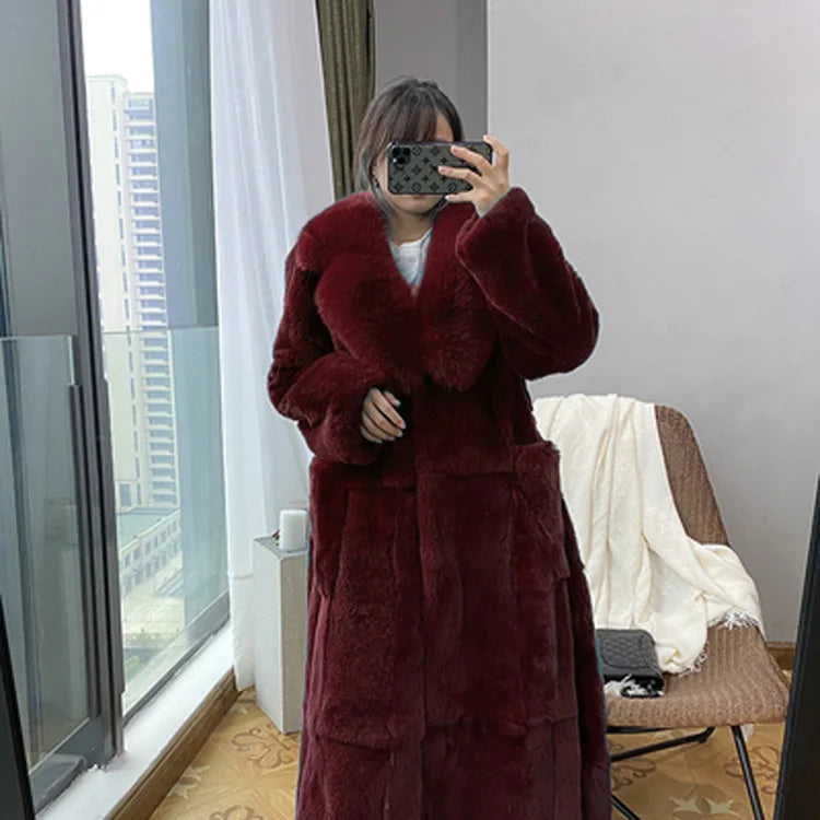 New Faux Fur Coat Women's Mid-Length Coat Fashion Loose Belly Covered Tide Sashes Winter Warm Outwear Solid Color