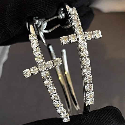 Shiny Big Circel Cross Hoop Earrings for Women Girl Rhinestone Geometric Ear Buckles Earrings Wedding Party Jewelry Accessories