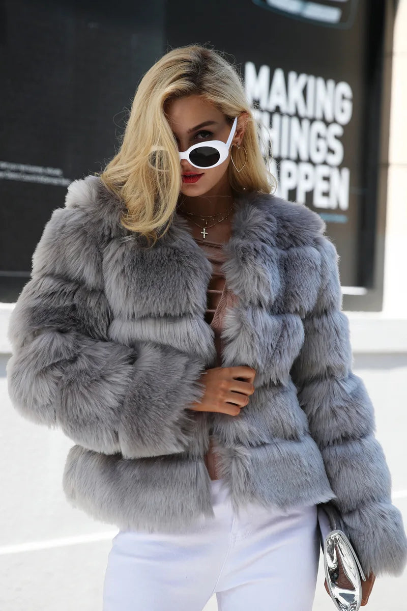 Faux Fur Women Coats Solid Round Neck Full Sleeve Coat Thick Warm Fox Short Open Stitch Elegant Splice Autumn Winter 2024