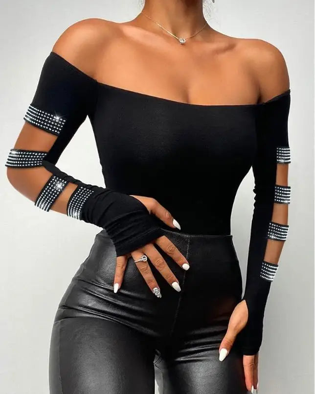 Bodysuit for Women 2022 Beaded Cold Shoulder Long Sleeve Bodysuit 2022 Autumn Europe and America Fashion Women's Clothing