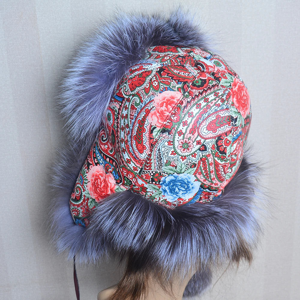 Winter Fur Hat for Women Hat with Ear Real Fox Fur Caps Russian Women Bomber Hats Bonnets Trapper Cap Camo Fox Hat Wholesale