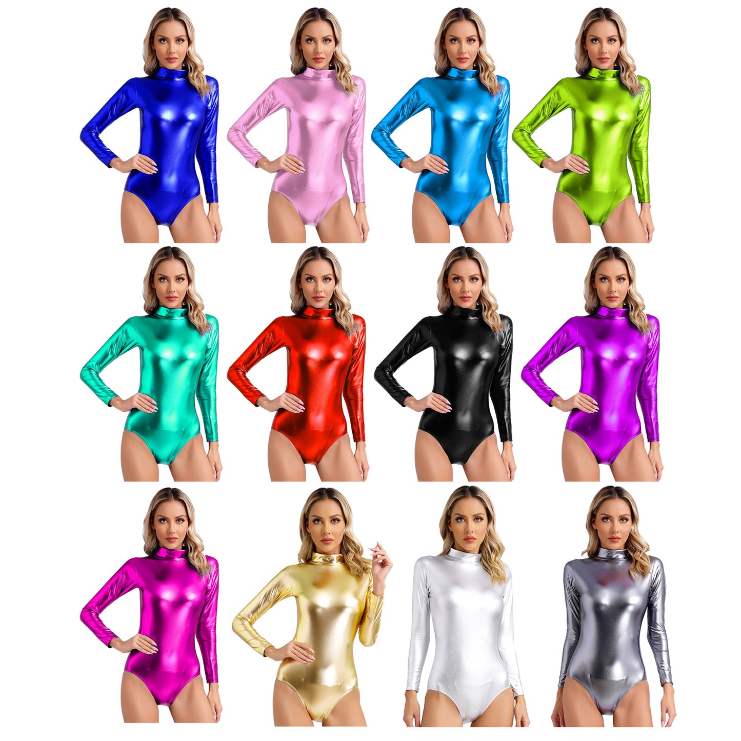 Womens Metallic Shiny Athletic Ballet Leotard Bodysuit Long Sleeve Bodycon Jumpsuit Yoga Fitness One-Piece Ballet Dancewear