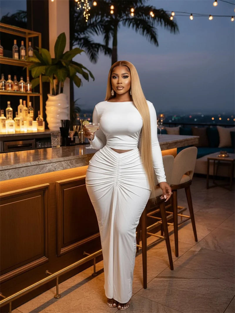 Doyerl Elegant Bodycon Maxi Dress Sets Woman 2 Piece Club Outfit Party Long Sleeve Top + Long Skirt Matching Set Ensembles Robes