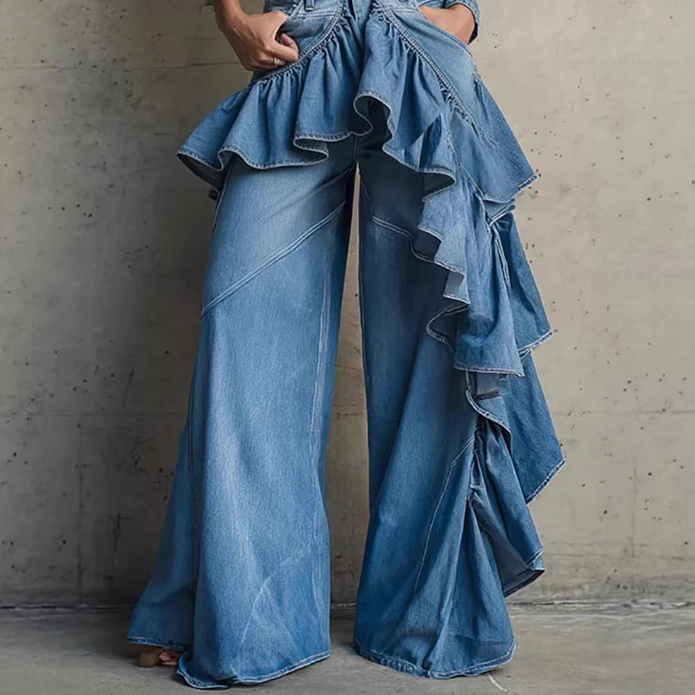 Women's Fashionable Blue Ruffle Wide Leg Jeans High Waist Asymmetrical Fringe Denim Pants Chic Streetwear Vintage Female Jeans