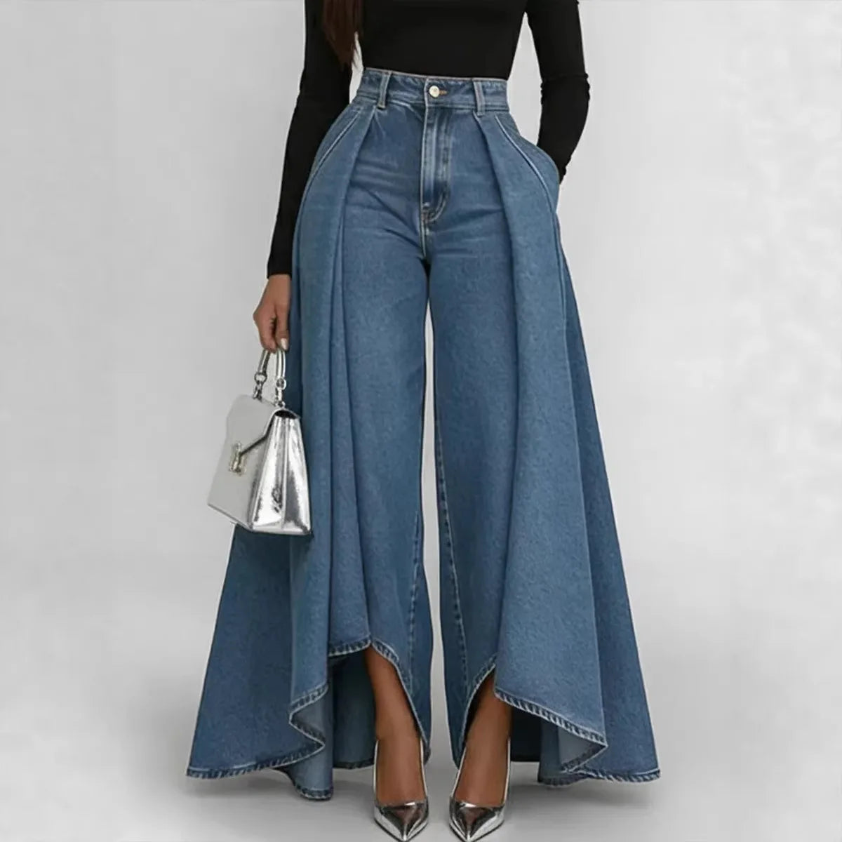 Fashion High Rise Denim Culottes Jeans Side Drape Oversized Wide Leg Pants Loose Fit Casual Street Trousers