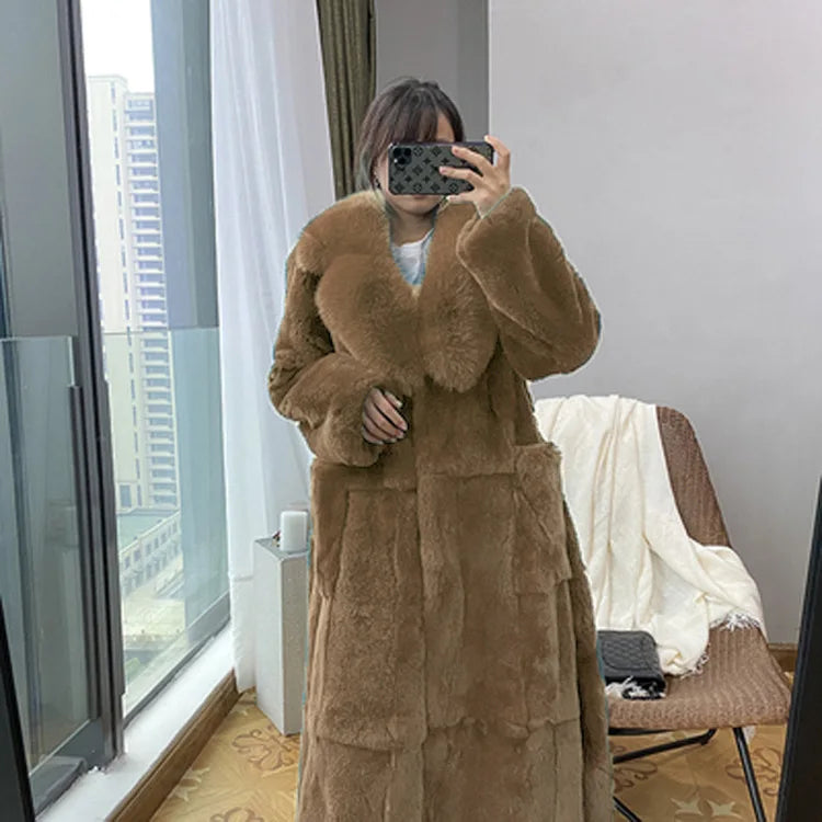 New Faux Fur Coat Women's Mid-Length Coat Fashion Loose Belly Covered Tide Sashes Winter Warm Outwear Solid Color