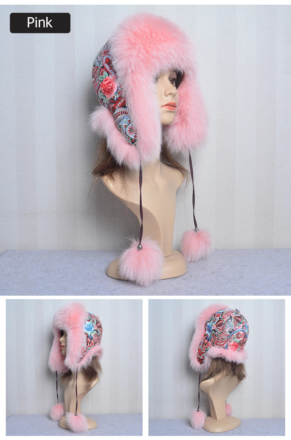Winter Fur Hat for Women Hat with Ear Real Fox Fur Caps Russian Women Bomber Hats Bonnets Trapper Cap Camo Fox Hat Wholesale