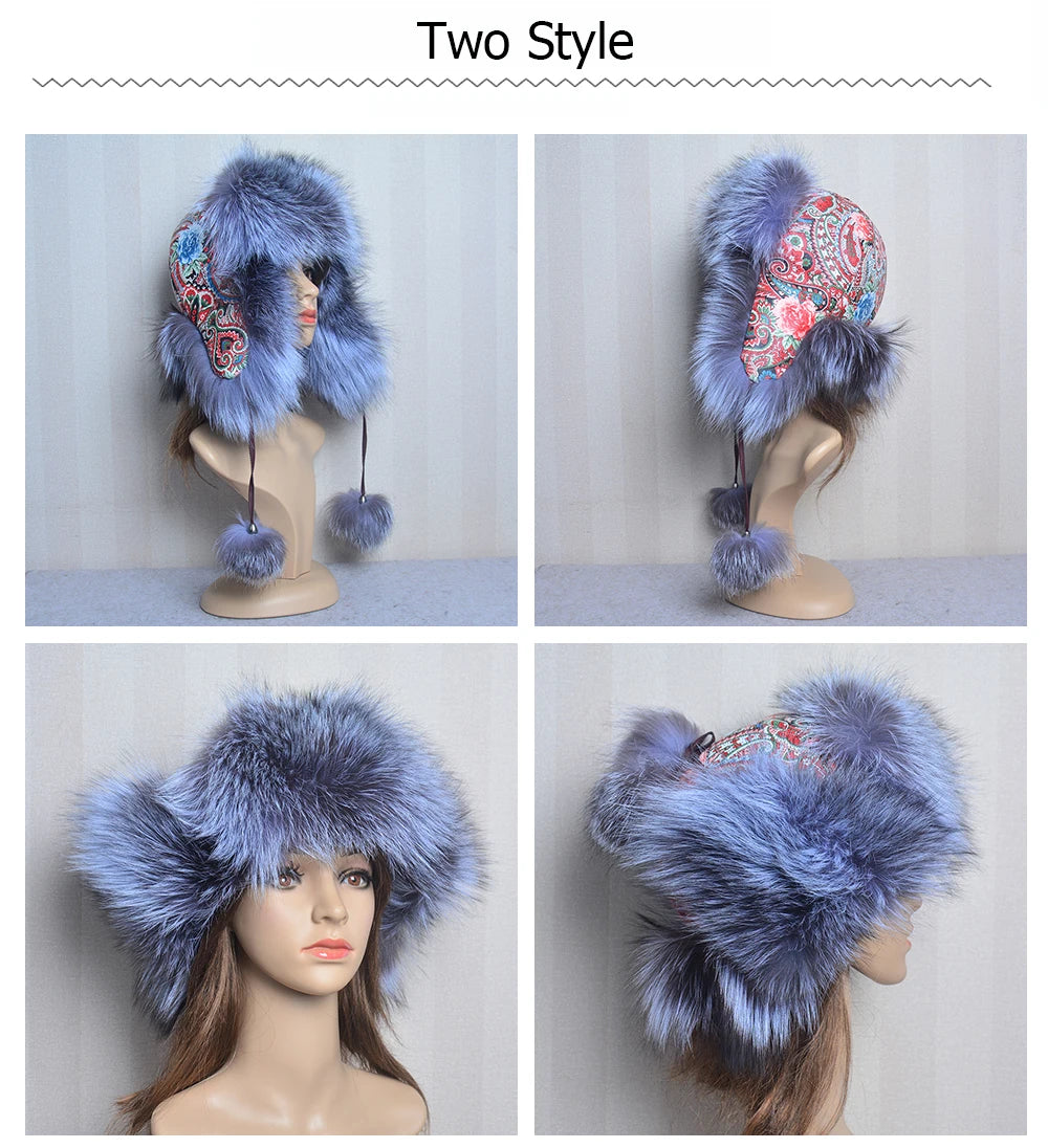 Winter Fur Hat for Women Hat with Ear Real Fox Fur Caps Russian Women Bomber Hats Bonnets Trapper Cap Camo Fox Hat Wholesale