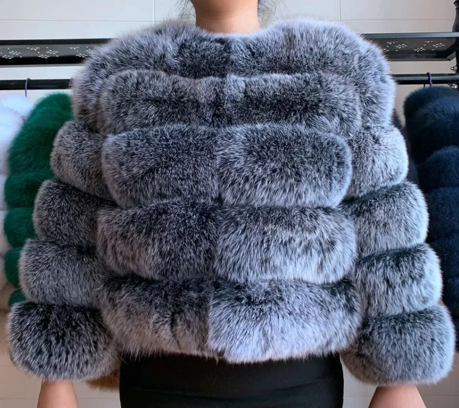 Faux Fur Women Coats Solid Round Neck Full Sleeve Coat Thick Warm Fox Short Open Stitch Elegant Splice Autumn Winter 2024