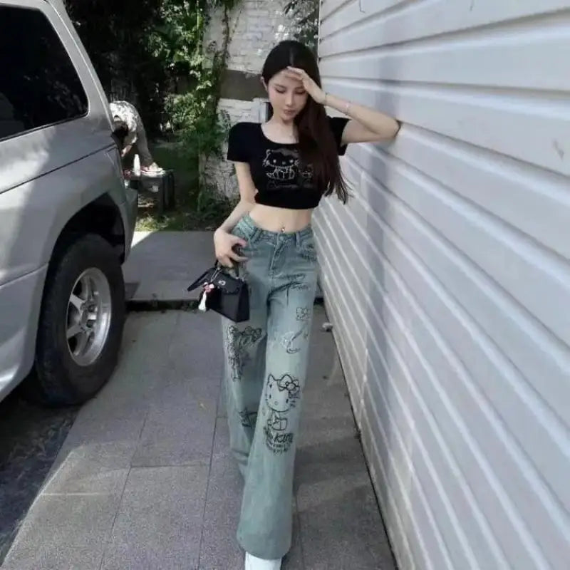 Streetwear Hello Kitty Wide Leg Pants Y2K Sanrio Jeans Women Vintage Blue Casual Loose Straight Trousers Cartoon Fashion Pants