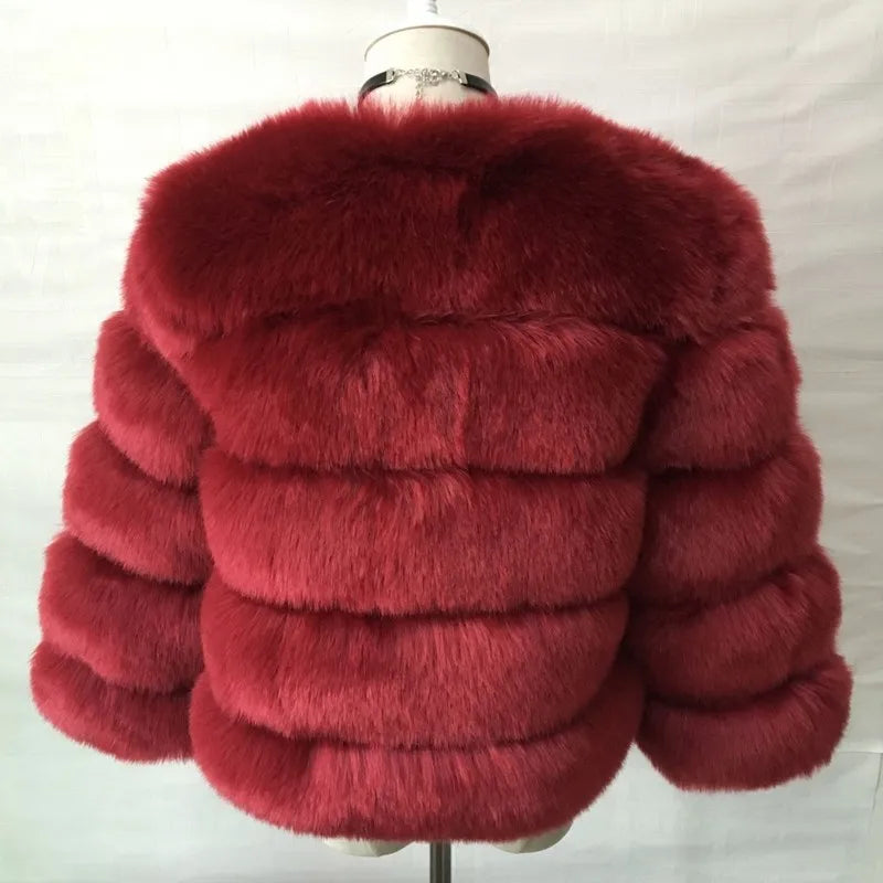 Faux Fur Women Coats Solid Round Neck Full Sleeve Coat Thick Warm Fox Short Open Stitch Elegant Splice Autumn Winter 2024