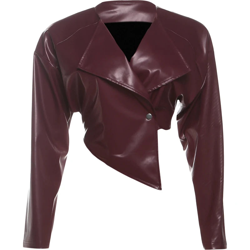 Sisterlinda Faux Leather Single Button Crop Jacket Women Autumn Trend Cross Neck Full Sleeve Wild Style Classic Streetwear Coat