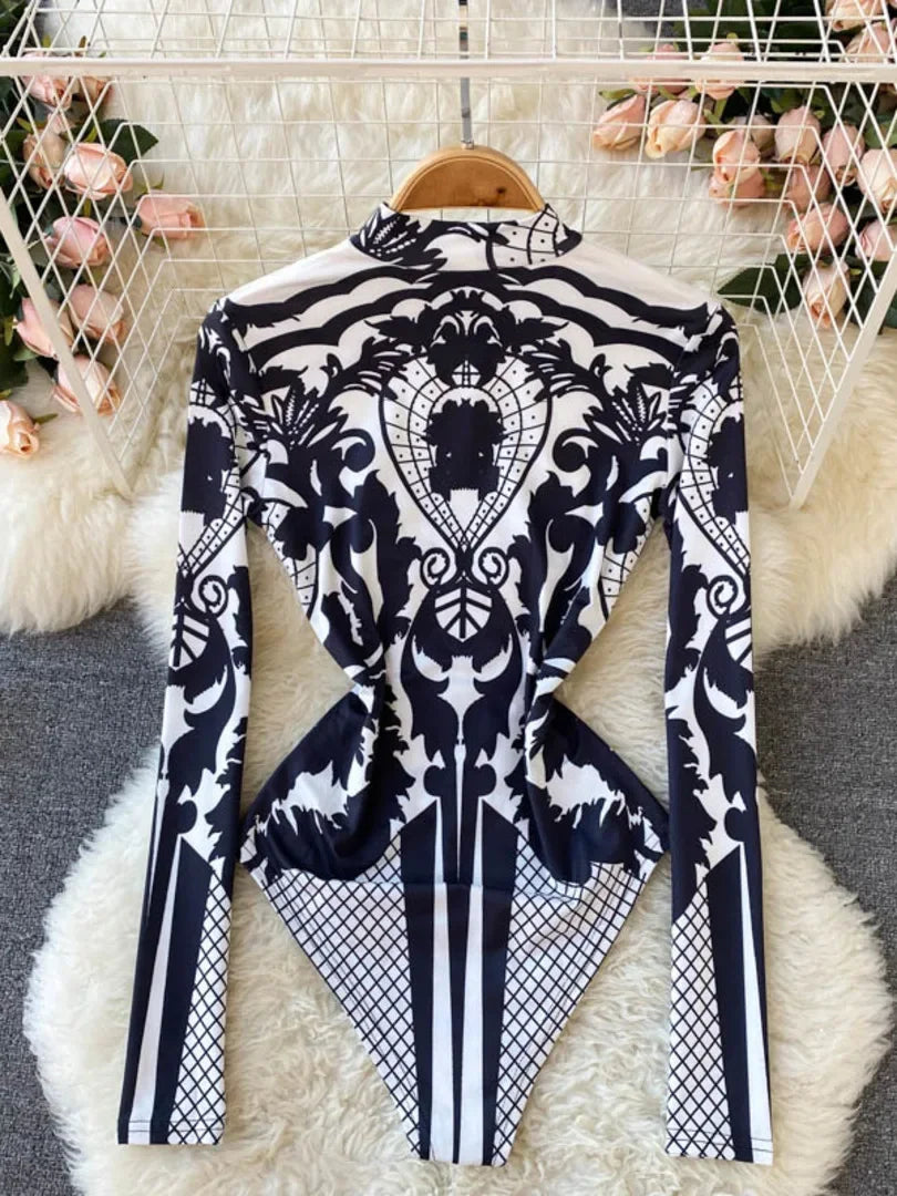 Women Bodysuit 2025 New Spring Fashion Diamonds Long Sleeve T-shirt Casual Streetwear Floral Print Sexy Skinny Bodycon Tops